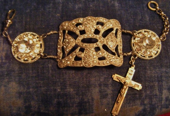 Vintage religious bracelet silver pot metal paste rhinestone Victorian shoe buckle Art Deco antique assemblage