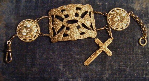 Vintage religious bracelet silver pot metal paste rhinestone Victorian shoe buckle Art Deco antique assemblage
