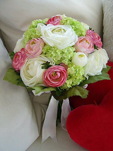 Silk Bridal Bouquet Pink and White Ranunculus Mini Green Hydrangea 