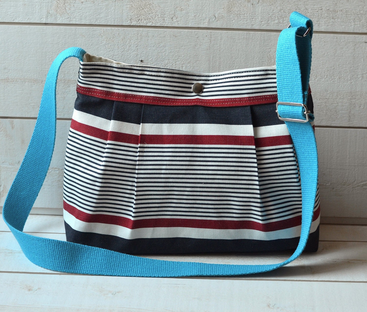 Small Cross body bag Stockholm BLUE Denim navy ,Red  and Ecru  Pleated French Messenger