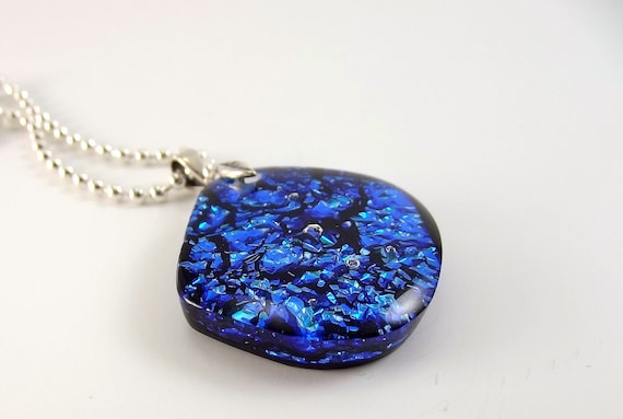 Fused Dichroic Glass  Sapphire Blue Turquoise Necklace  Pendant Statement Jewelry 255