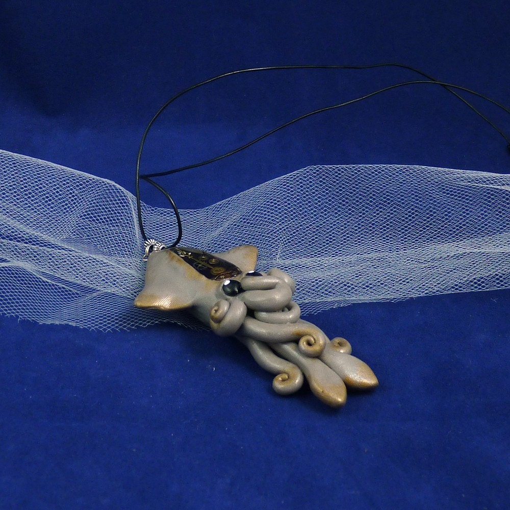 Steampunk Squid Necklace - Polymer Clay Steampunk Jewelry