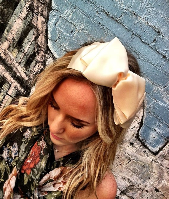 Take a Bow - Cream Satin Bow Headband - Statement Headband head bands Hair Coverings