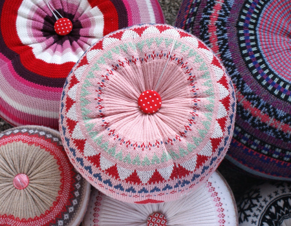 MEDIUM Upcycled Eco knit fairisle, cable floor cushion pouf hassock, pink red white love hearts
