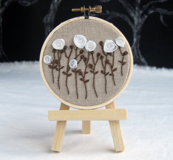 Hand Embroidered Wall Hanging - White Flowers on Natural Linen