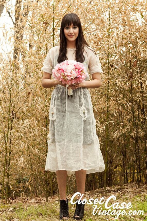 20s Wedding Dress Stark White Cotton Organdy Sheer Garden Party Crocheted