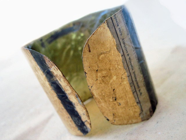 Understanding. Recycled Rustic Tea Tin Cuff Bracelet with Gold Foil.