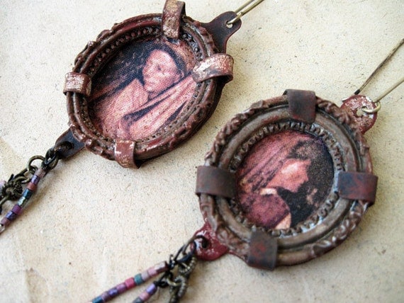 The Plague. Rustic Victorian Portrait Asymmetrical Assemblage Earrings.