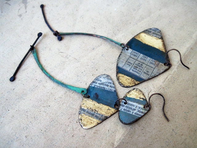 Pythagorean. Asymmetrical Assemblage Earrings with gold foil and decoupage.
