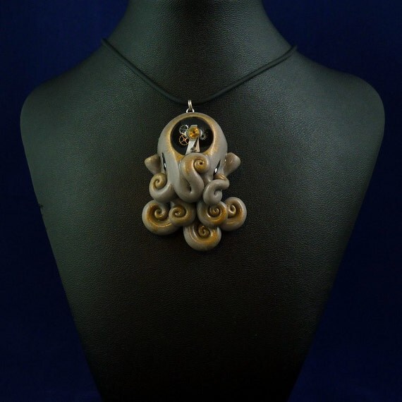 Steampunk Octopus Necklace  -  Polymer Clay Neo-Victorian Cephalopod Jewelry