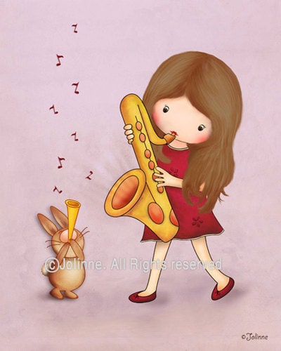 Children wall art print, kids room decoration, baby nursery art, light purple, music, bunny, girl, saxophone, trumpet