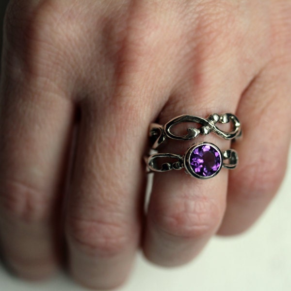 Royal purple amethyst ring, February birthstone, filigree sterling ring, artisan metalsmith, Wrought, size 6.5