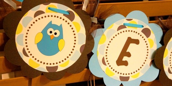 Blue Owl Baby Shower  Boy Birthday Party Personalized  Name Banner