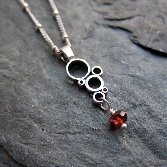 READY TO SHIP, Tiny bubbles, sterling circles, red garnet, Modern oxidized sterling silver Bubbles necklace, 16 inch chain