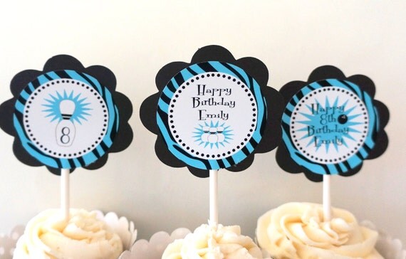 Zebra and Turquoise Bowling cupcake Toppers for Girl Bowling Birthday Party