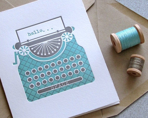 Vintage Typewriter Key Letterpress Card Set - Greeting Card - Light Aqua Blue - 3 pack (GTW01)