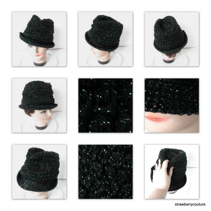 Womens Crochet Hat - Crochet Fedora Hat - Cotton Hat for Women in Black Green Sparkles - Spring Accessories - All Head Sizes Spring Fashion