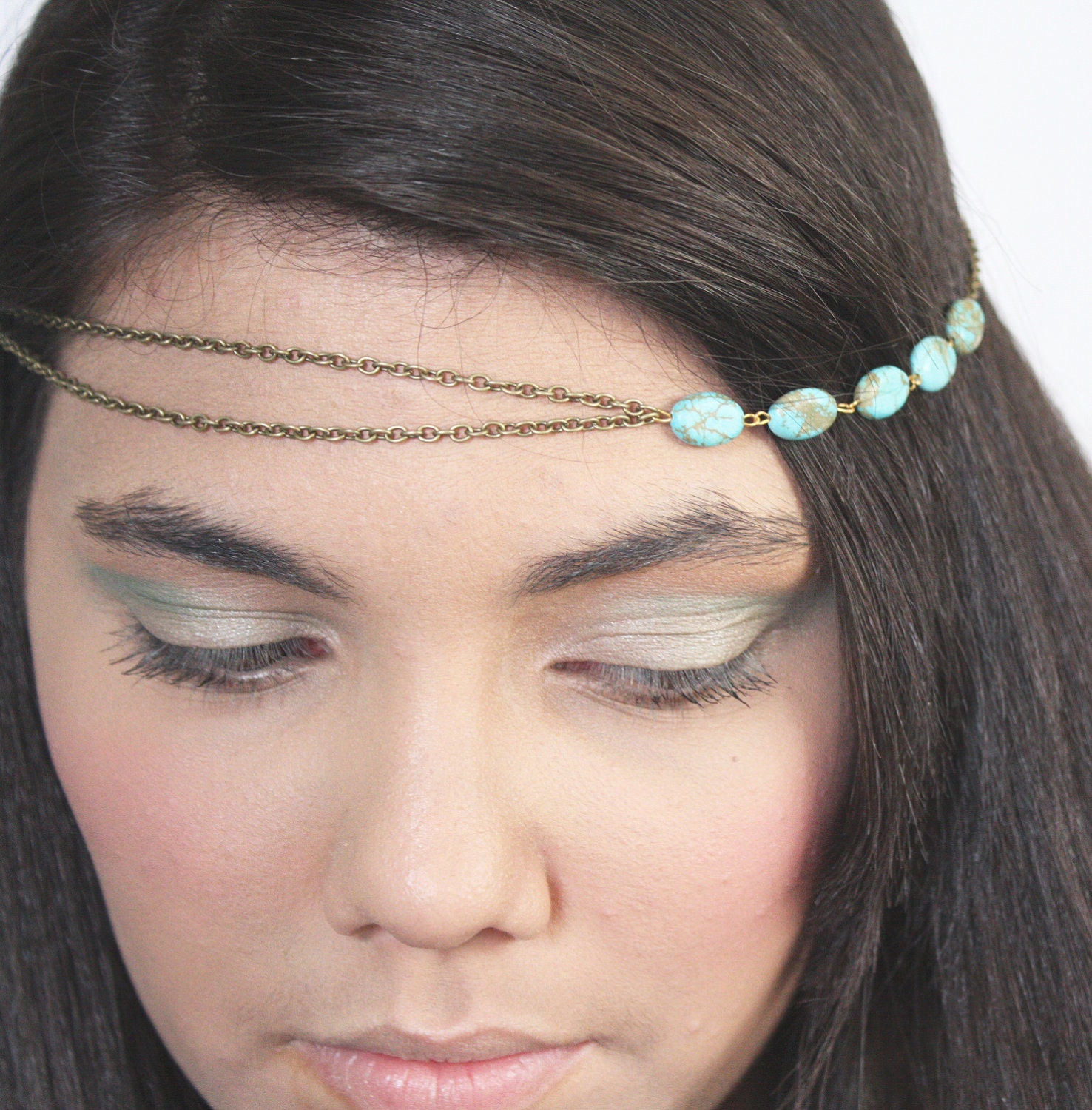 Chain Headband Headpiece Bohemian Hipster Boho Hippie Bronze Turquoise Bridal Statement Jewelry