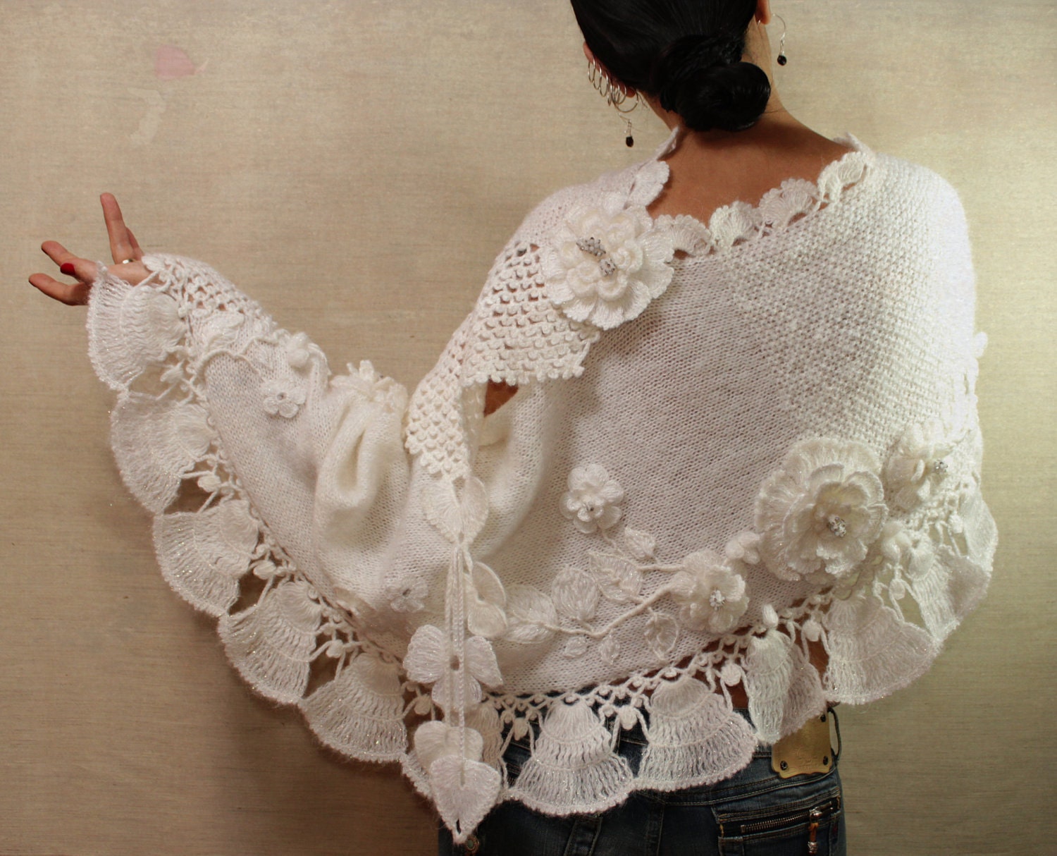 White Wedding Bridal Shawl Wrap-Hand Knit Crochet Stole-Romantic Luxury 3D Flowers/Crystal Swarovski-Hand Embroidery