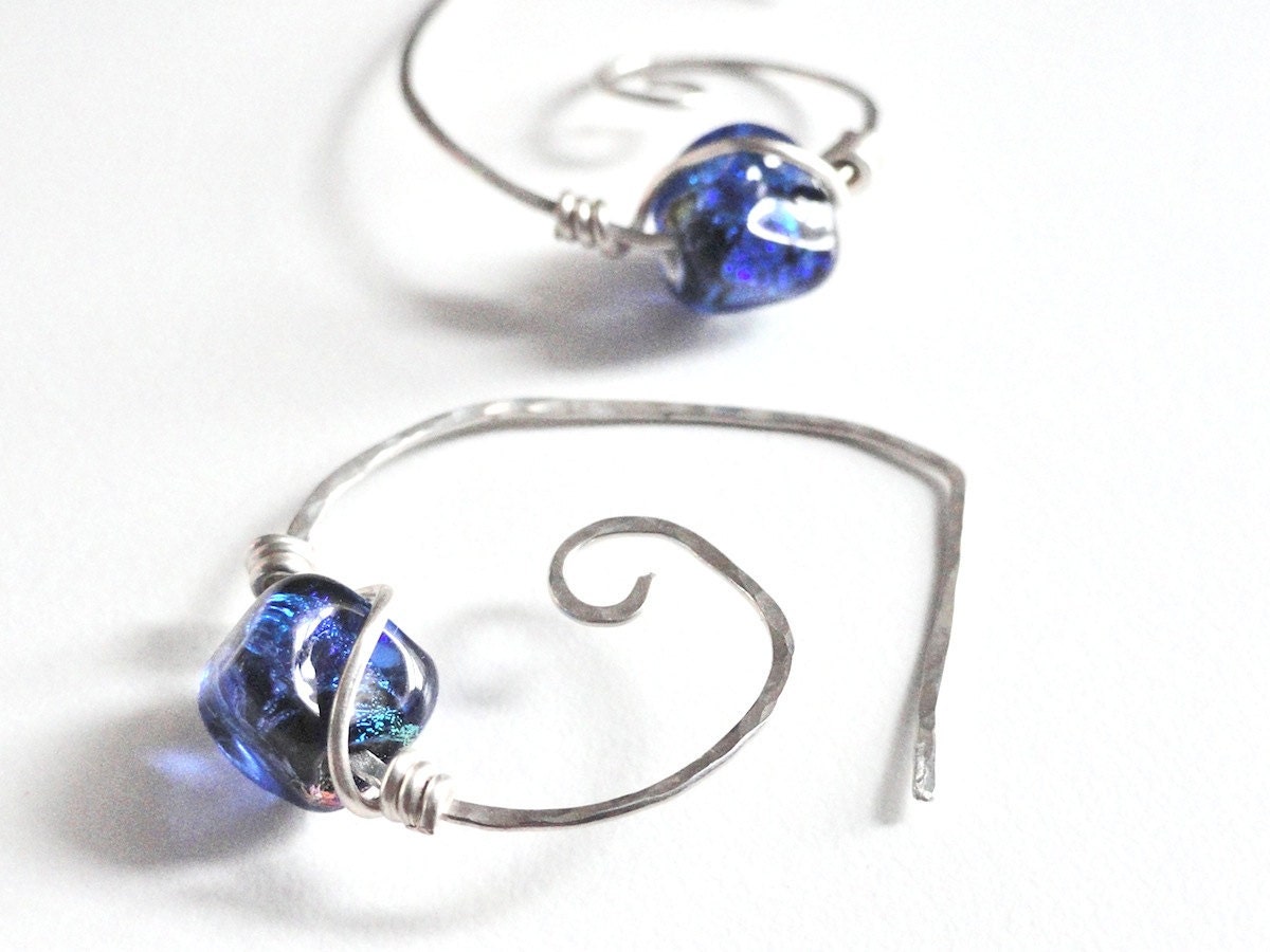 Hammered Sterling Silver Hoops With Blue Dichroic Bead Wire Wrapped