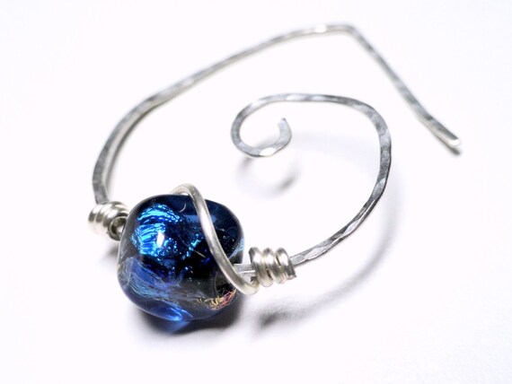 Hammered Sterling Silver Hoops With Blue Dichroic Bead Wire Wrapped