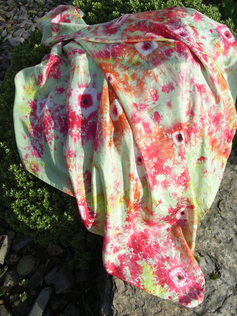 Shirley Poppies - Square Hand Painted Silk Scarf in Shades Of Spring Green, Carmine, Tangerine and Citron