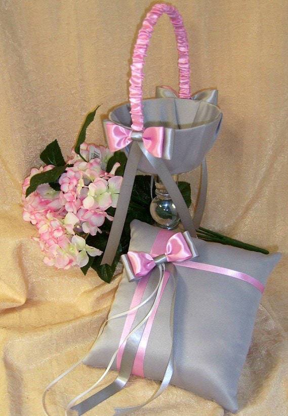 Grey and Pink Wedding Accessories Flower Girl Basket and Ring Bearer Pillow