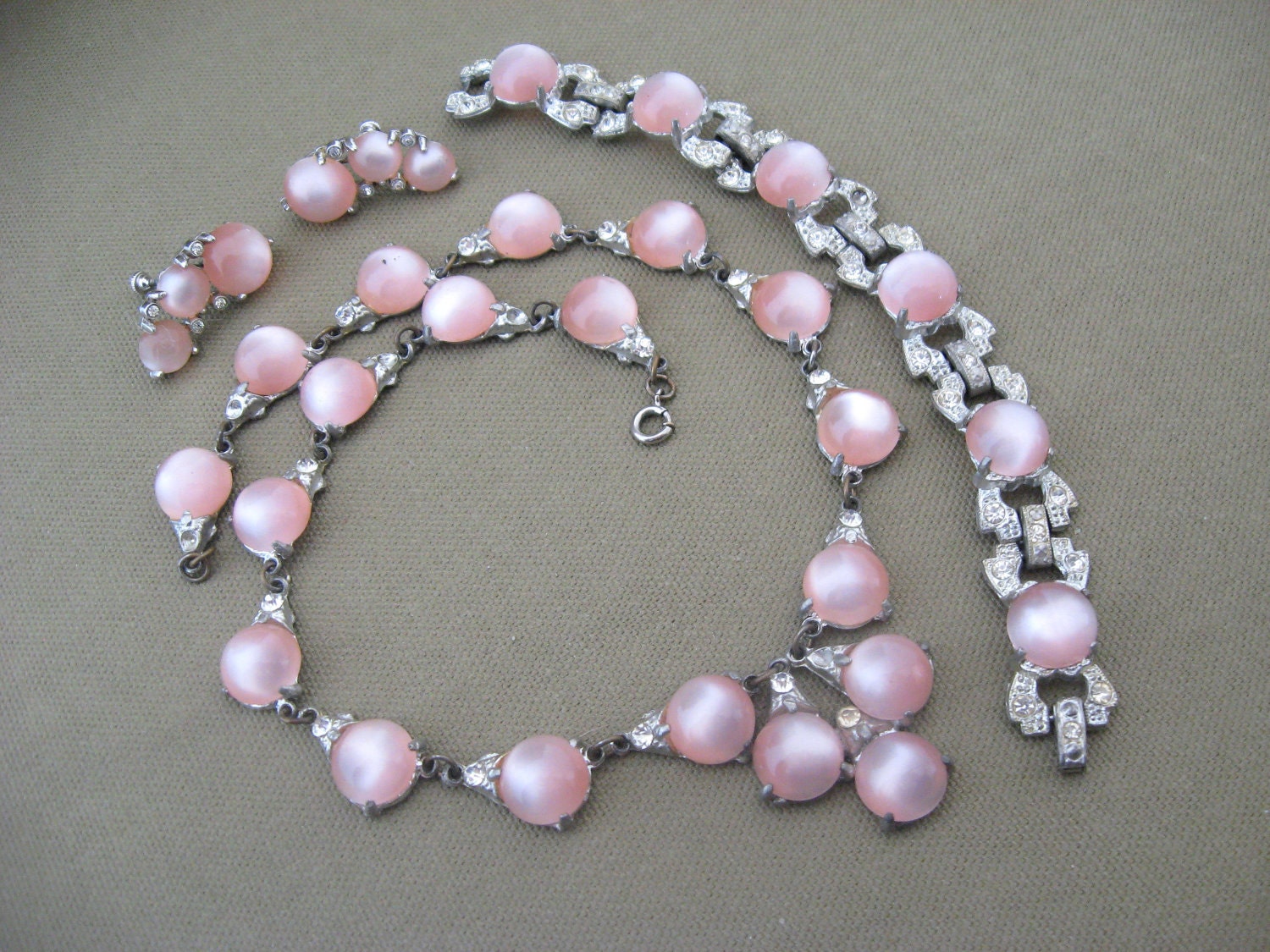 Pink Moonstone Vintage Necklace Demi Parure Set