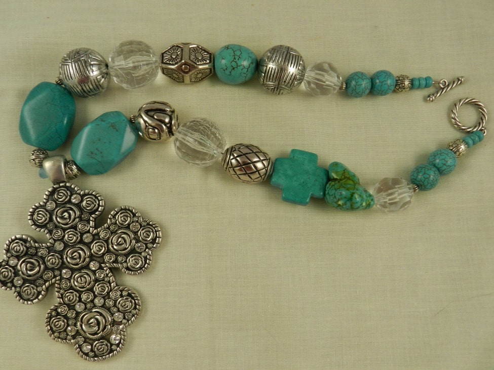 Chunky Turquoise Necklace Cross Rose