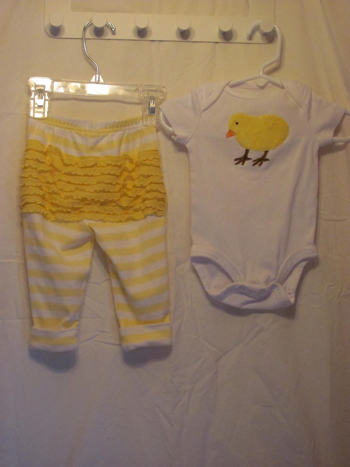 Baby chick onesie and pant outfit with ruffled bottom.  Perfect for a new baby or an Easter outfit. READY TO SHIP.
