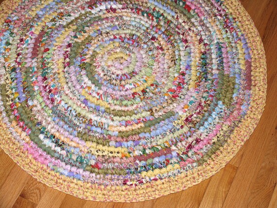 Cotton Fabric Hand Crocheted Round Rag Rug - Pastel with Yellow Border