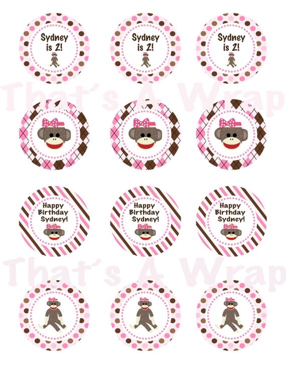 Girl Sock Monkey Birthday Party Baby Shower Personalized DIY Printable Cupcake Toppers Pink Brown
