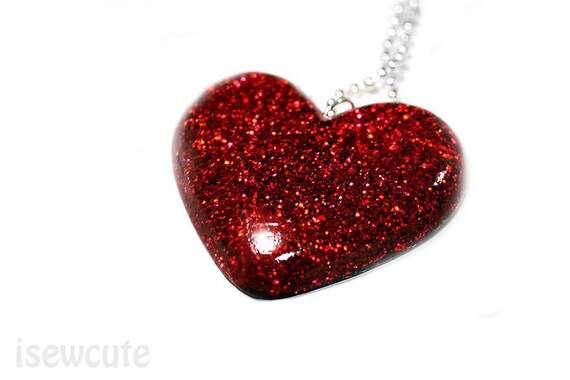 Red Hot Heart Resin Glitter Pendant Big Bold Statement Necklace by isewcute