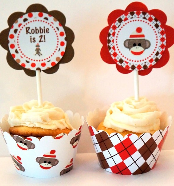 Personalized Boy Sock Monkey Cupcake Kit for Boy Birthday Party Boy Baby Shower in Red and Brown