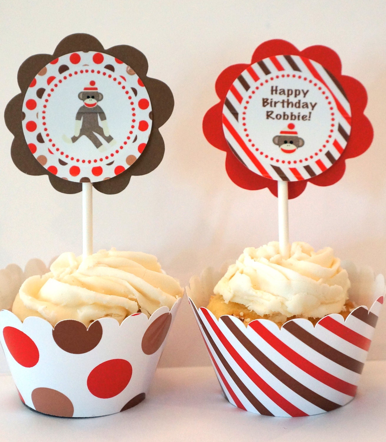Personalized Boy Sock Monkey Cupcake Kit for Boy Birthday Party Boy Baby Shower in Red and Brown