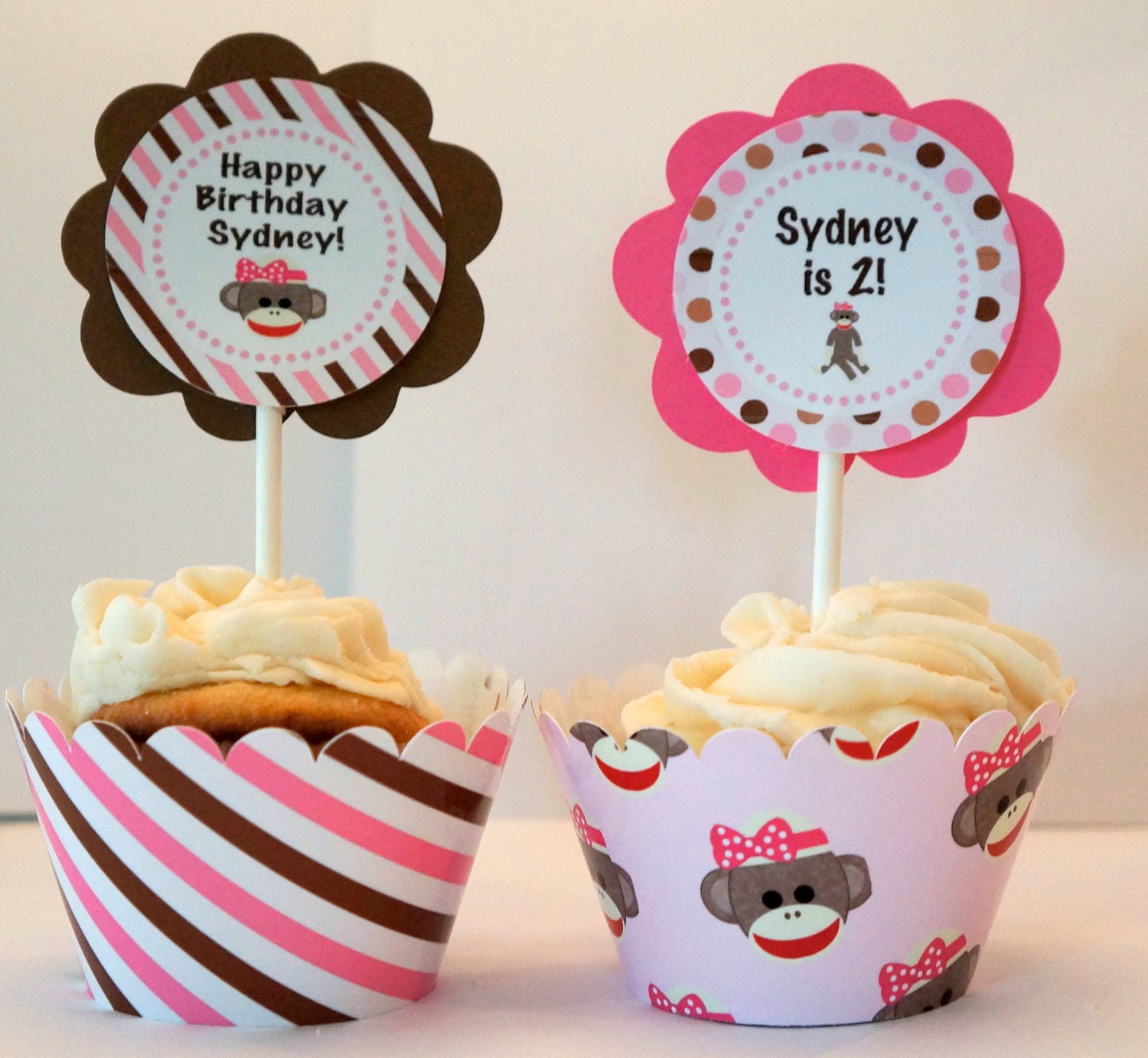 Personalized Girl Sock Monkey Cupcake Kit for Girl Birthday Party Girl Baby Shower in Pink and Brown