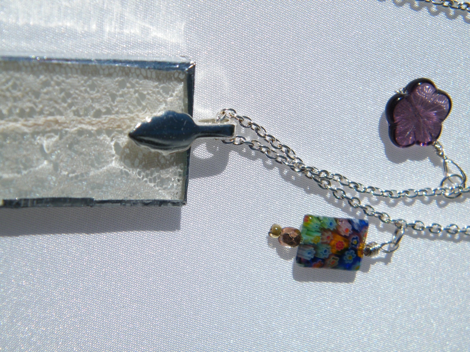 Women's Necklace Glass Encased White Floral Lace, Floral Beads on Sterling Chain