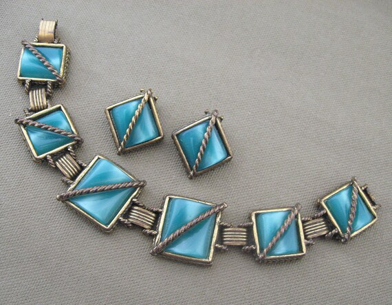 Vintage Bracelet Earrings Set Chunky Blue Green