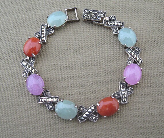 Multi Color Gemstone Bracelet Vintage Signed  Sterling