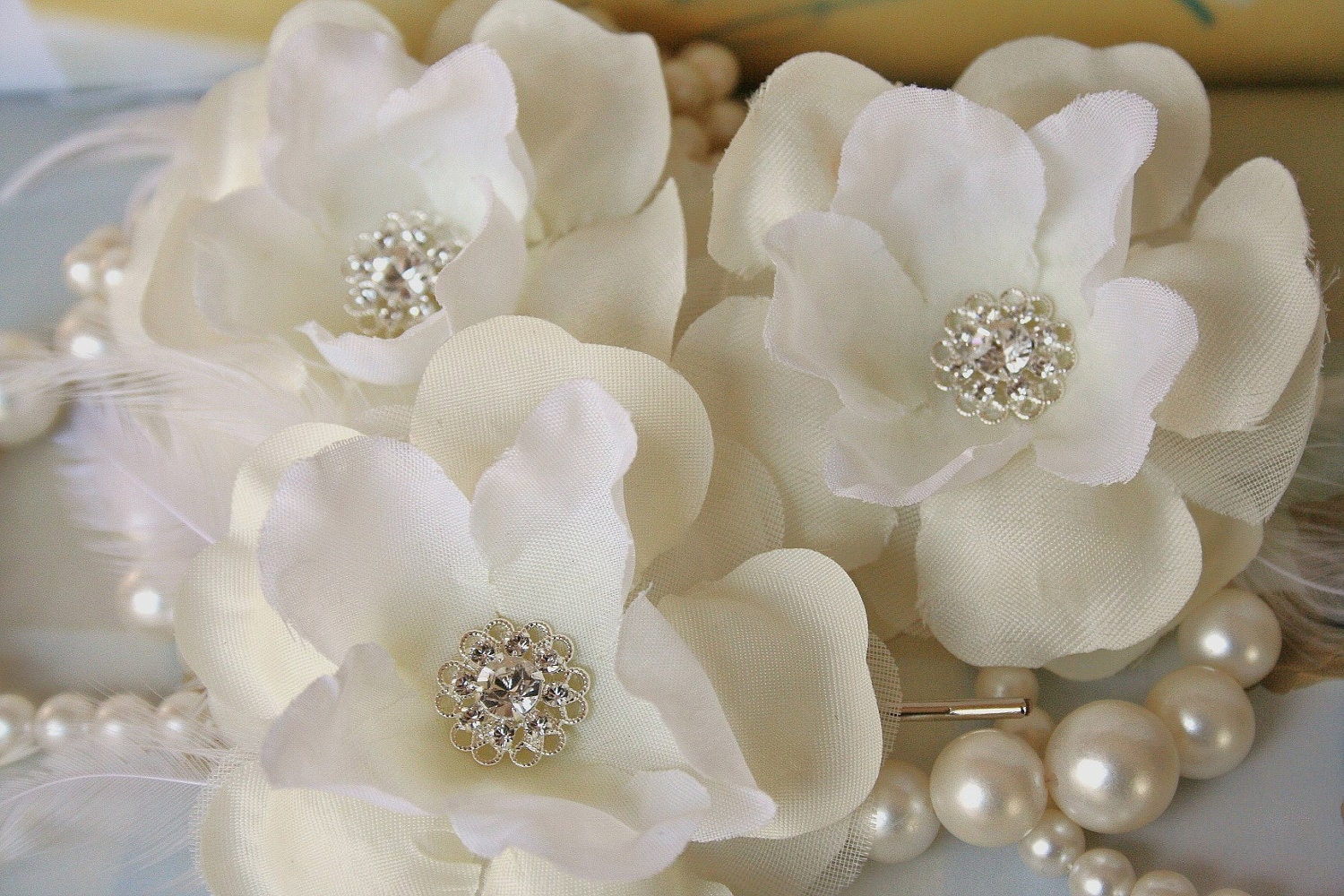 Rhinestone Bridal Hair Flowers, Ivory, Hair, Wedding, Bridesmaids