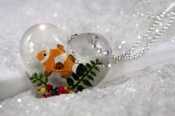 Clown Fish in Heart Shape Bowl Necklace Handmade from Clear Resin & Sprinkles...  by isewcute