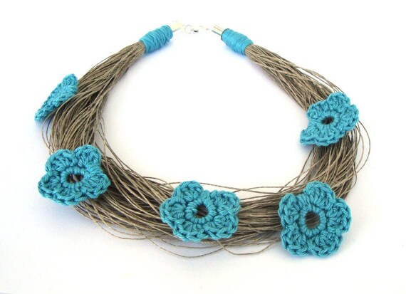Turquoise - linen necklace with flowers organic spring fashion jewelry