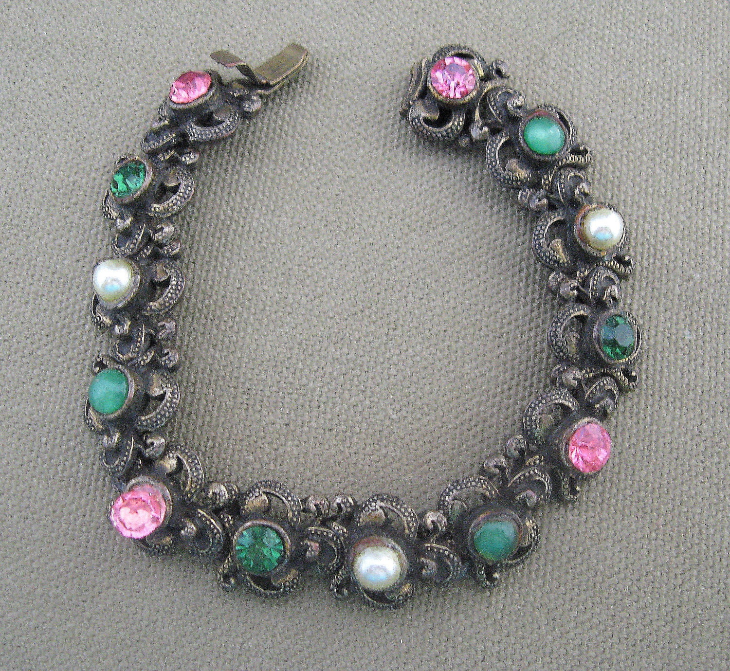 Vintage Rhinestone Bracelet Pink Green Hollycraft Style