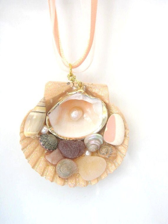 Seaglass and Shell Necklace beach pottery pearls peach