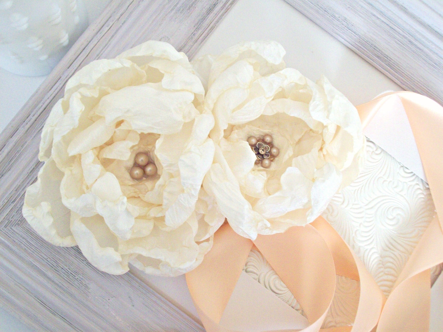 Ivory Bridal sash peony flowers peach ribbon swarovski crystals swarovski pearls