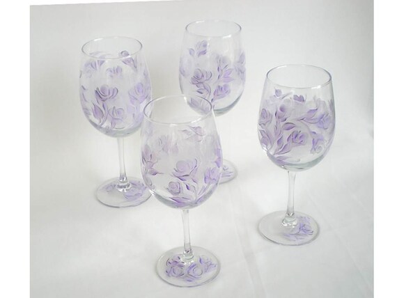 Set of EIGHT Painted CRYSTAL Wine Glasses - Hand Painted Lavender and Metallic Silver Rose Buds - Wedding Anniversary Spring, Sheer, Elegant