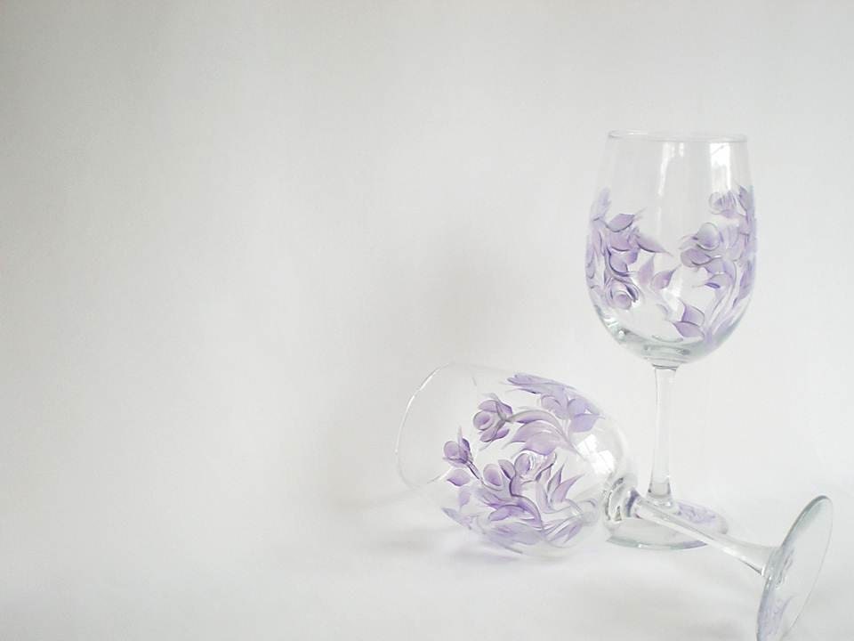 Set of EIGHT Painted CRYSTAL Wine Glasses - Hand Painted Lavender and Metallic Silver Rose Buds - Wedding Anniversary Spring, Sheer, Elegant