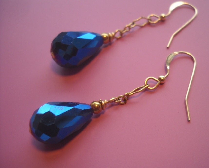 Metallic Blue Faceted Crystals - Gold Chain Earrings