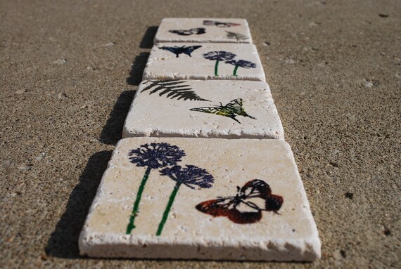 Natural Stone Butterfly Garden Drink Coaster (Set of 4)