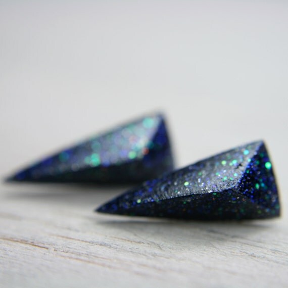 spike post earrings in sparkly deep blue galaxy